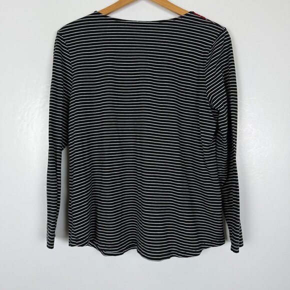Karen Scott Womens Black White Striped Top Sz Large 3D Red Rose Applique Detail - Picture 7 of 9